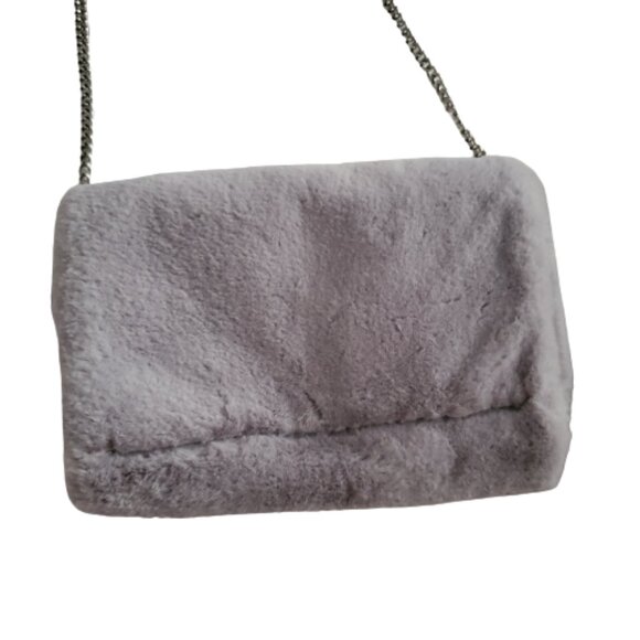 Faux Fur Fold-Over Snap Clasp Silver Tone Chain Gray Clutch Bag By Target - Picture 9 of 15